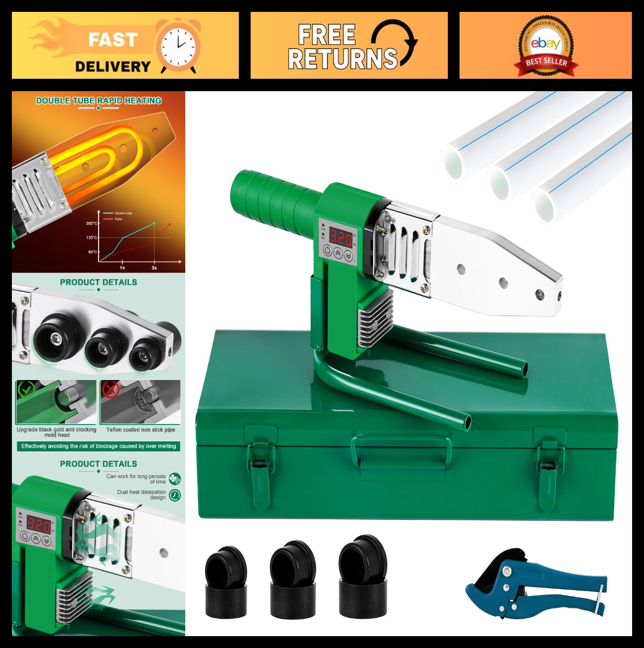 Plastic Pipe Welding Tool 110V – Water Pipe Welder with 0.79/0.98/1.26” Dies, D
