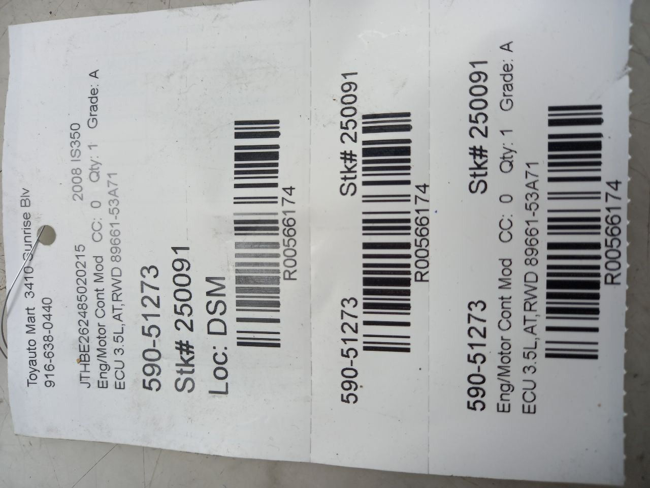 08 LEXUS IS350 ECU ELECTRONIC CONTROL MODULE 89661-53A71