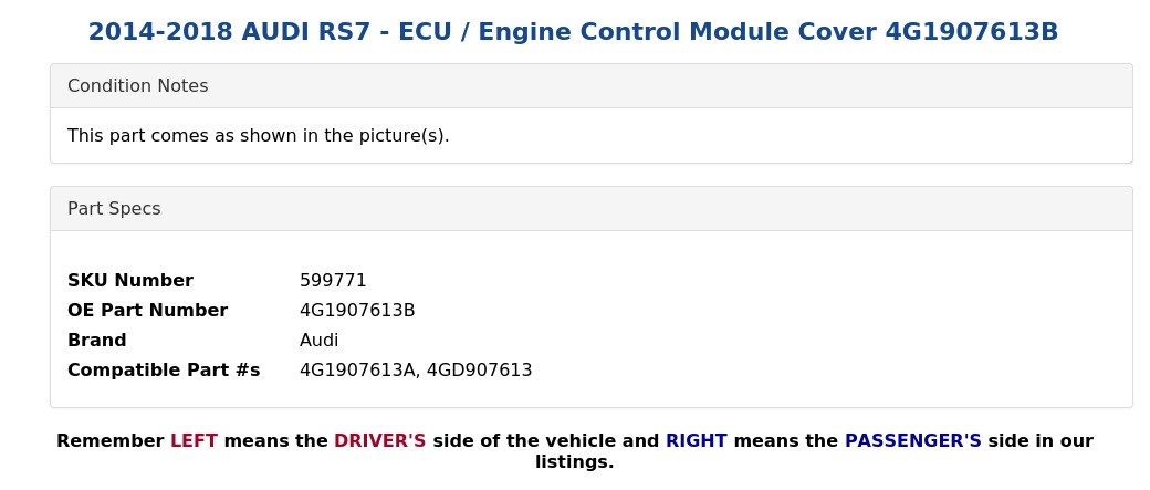 2014-2018 AUDI RS7 – ECU / Engine Control Module Cover 4G1907613B