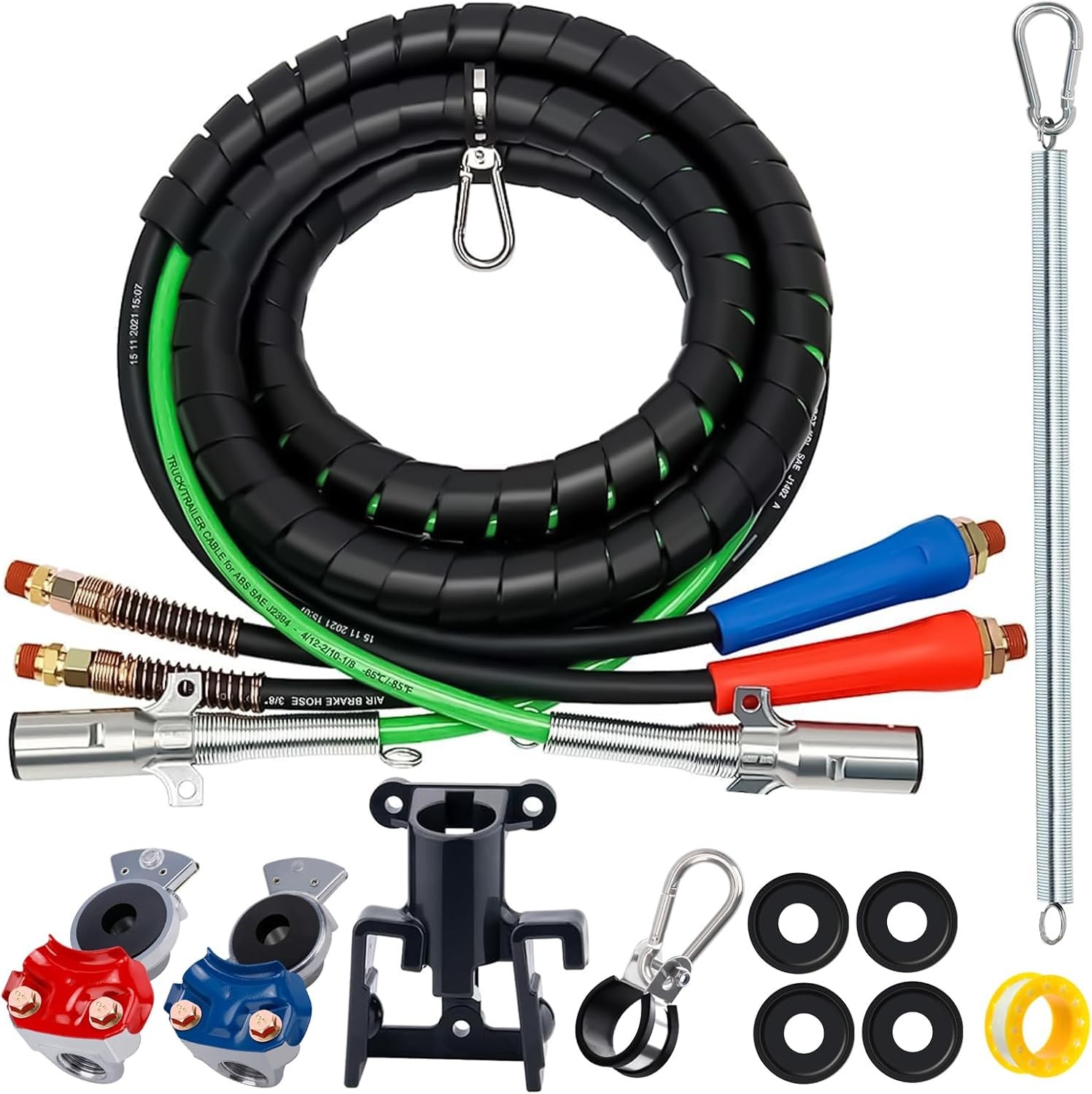 15FT Semi Truck Air Lines Kit 3 in 1 Red & Blue Air Brake Hoses and 7 Way Traile