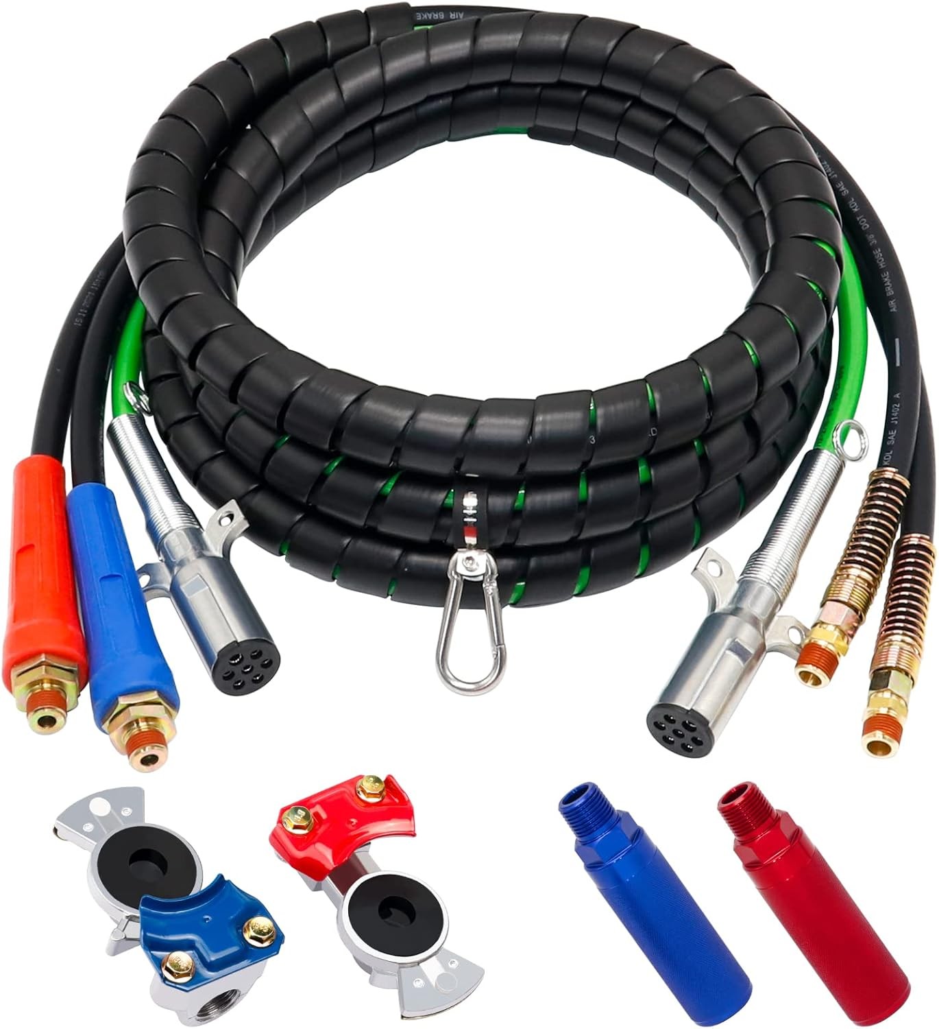 15FT Semi Truck Air Lines Kit 3 in 1 Red & Blue Air Brake Hoses and 7 Way Traile