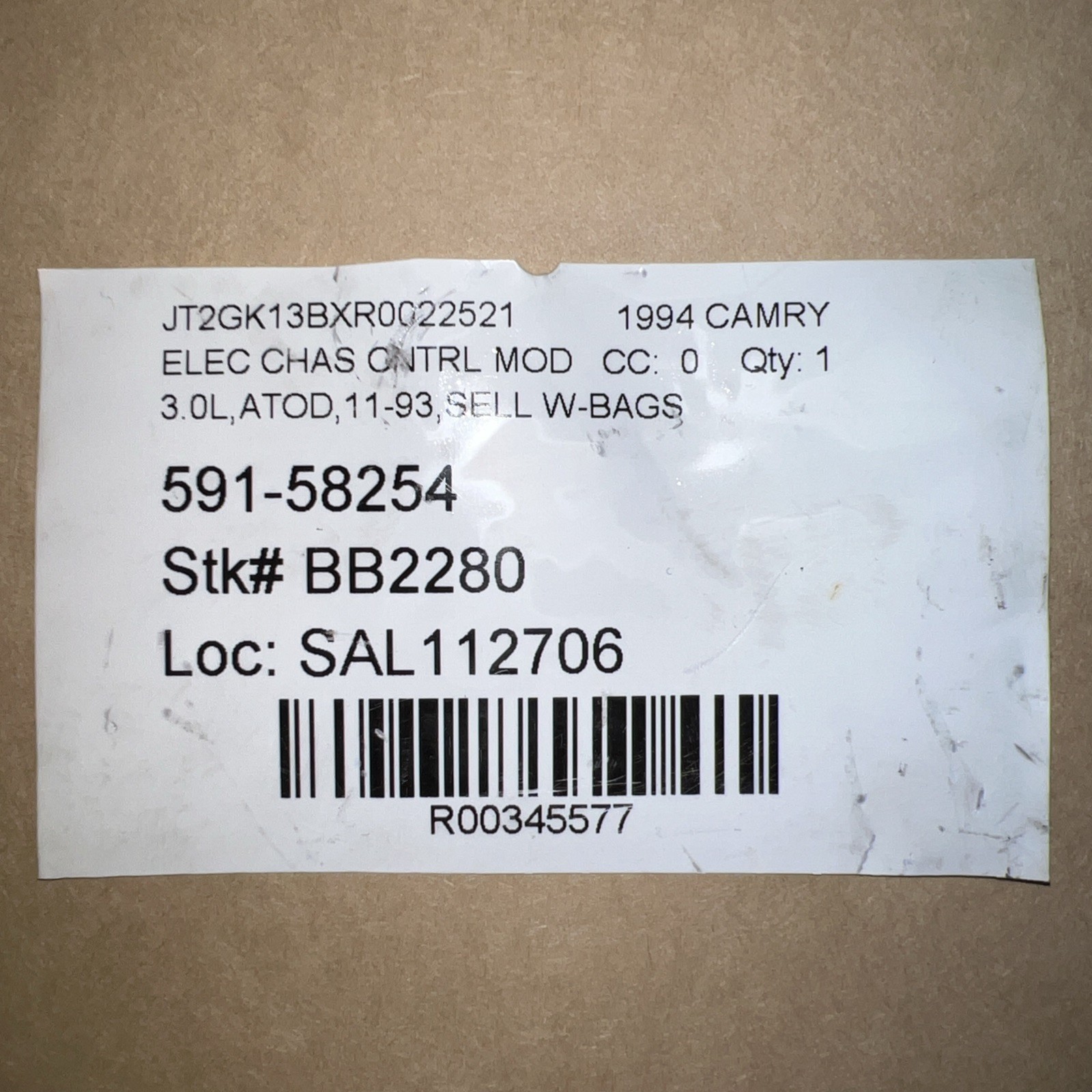 1994-95 Toyota Camry SRS BAG CONTROL MODULE 89170-33020