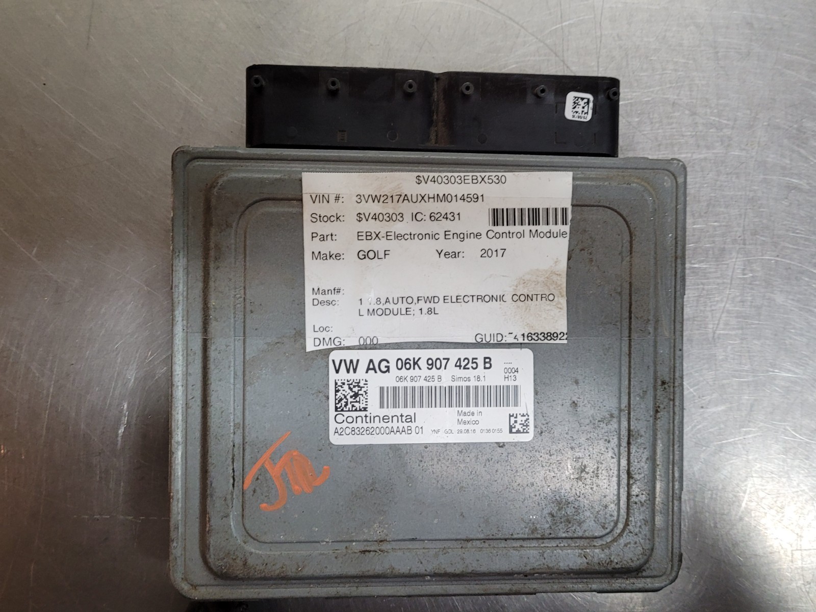 2015-2017 Volkswagen Golf 1.8L Engine Control Module ECM ECU PCM 06K907425B *J
