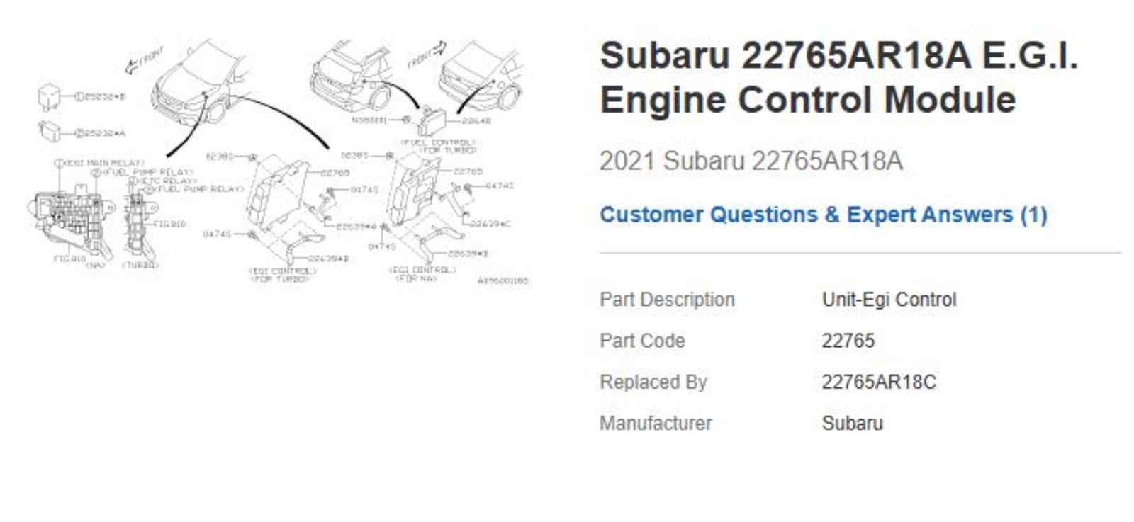 Electronic Control Module ECU Brain Box Computer 2.5L 21 Subaru Legacy Sedan