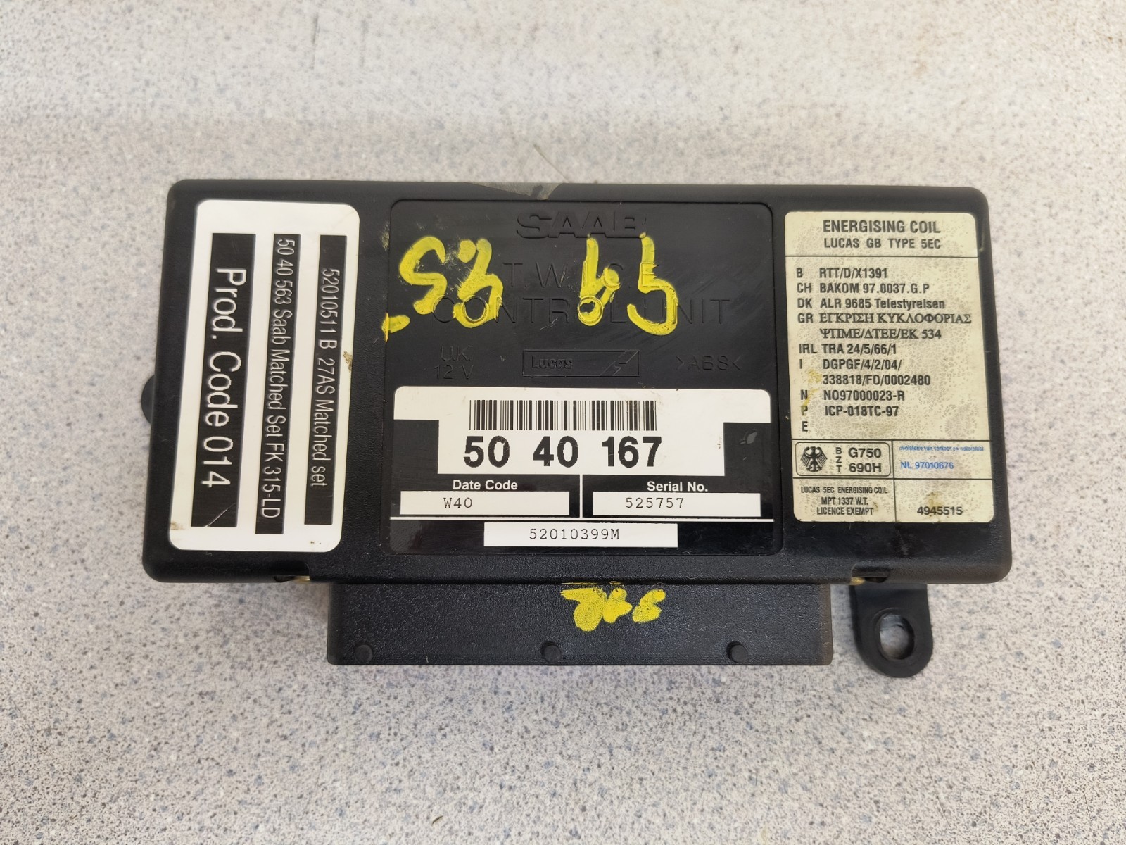 1999 Saab 9-5 TWICE Control Module Ignition Switch W/ Key 5040167 TESTED GOOD