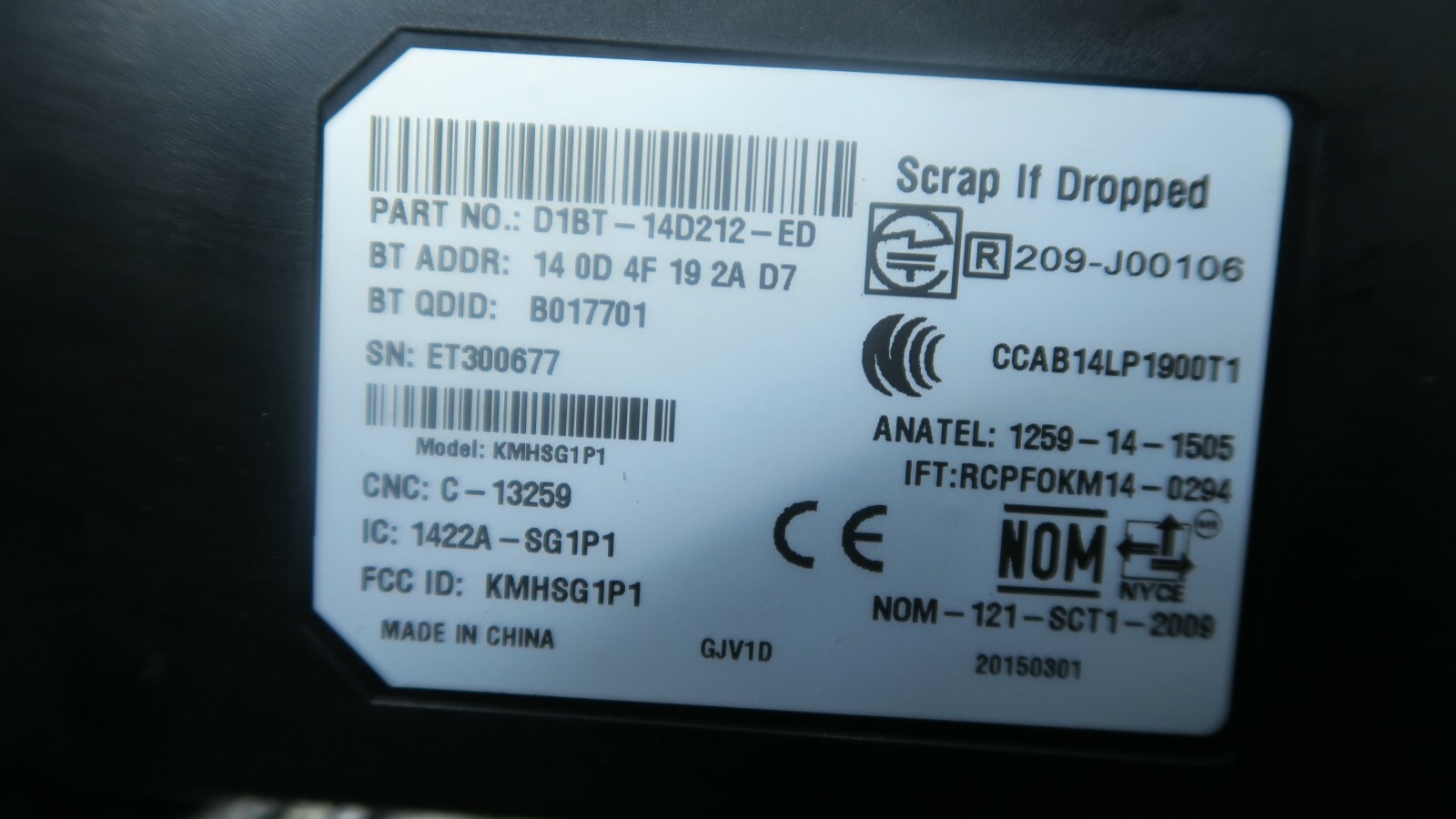 2015 FORD FIESTA ST 1.0 PETROL MK7 BLUETOOTH MODULE D1BT-14D212-ED REF11272