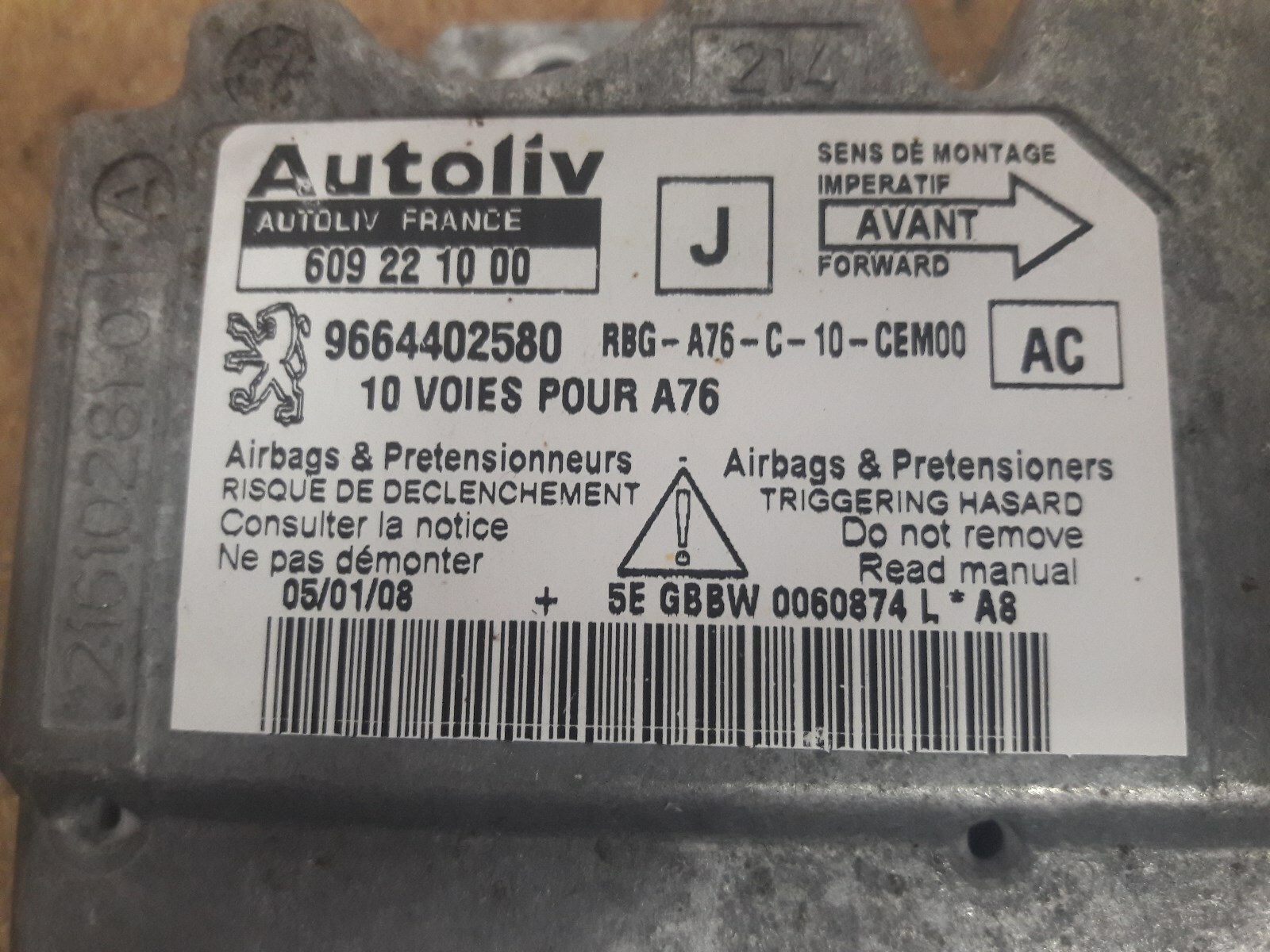 PEUGEOT 207 CC SRS ECU 9664402580 AUTOLIV 609221000 CABRIOLET CONVERTIBLE