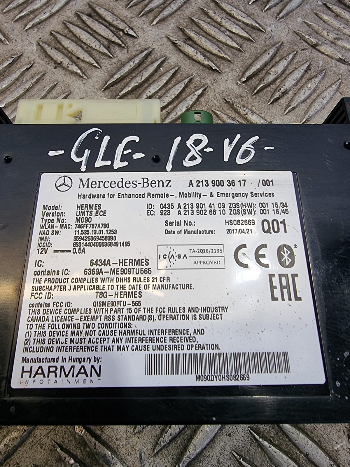 MERCEDES GLE BLUETOOTH CONTROL MODULE A2139003617 W292 3.0L DIESEL AUTO 2018