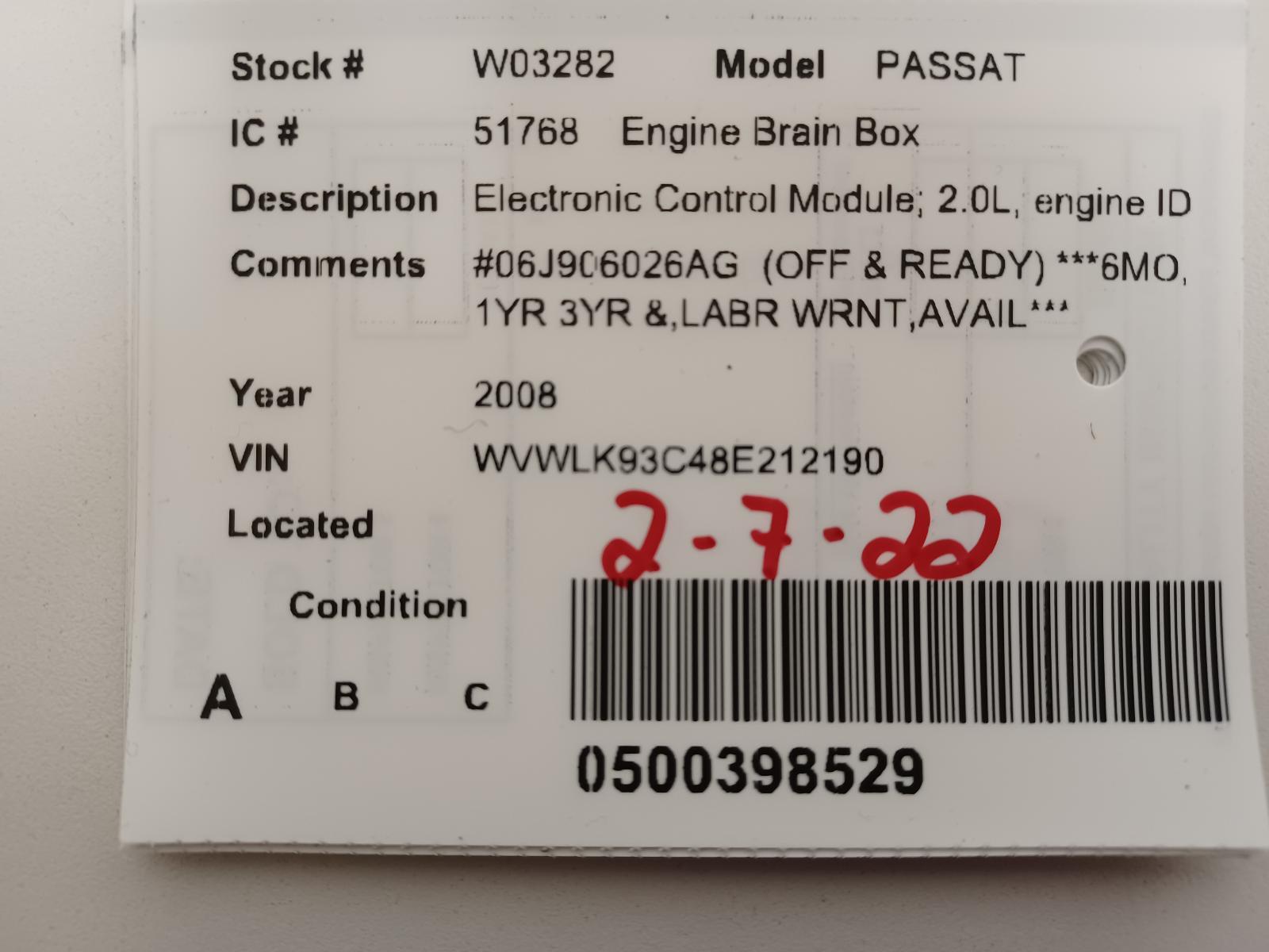 Used Engine Control Module (ECM) fits: 2008 Volkswagen Passat Electronic Control