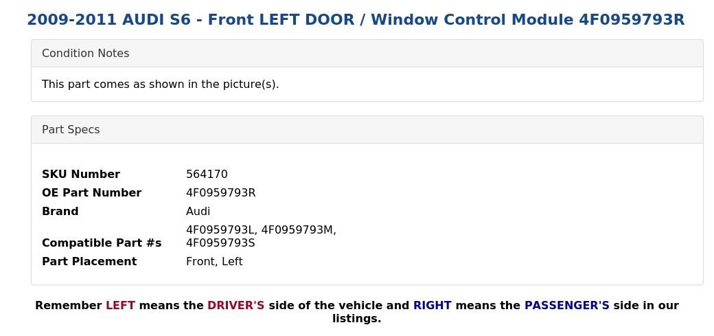 2009-2011 AUDI S6 – Front LEFT DOOR / Window Control Module 4F0959793R
