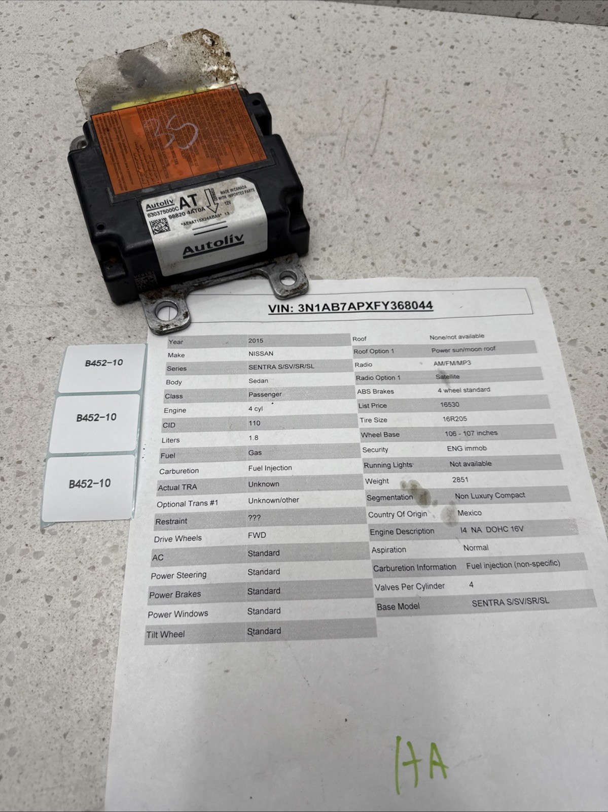 2013-2015 Nissan Sentra BAG / SRS Module Control 98820 4AT0A OEM