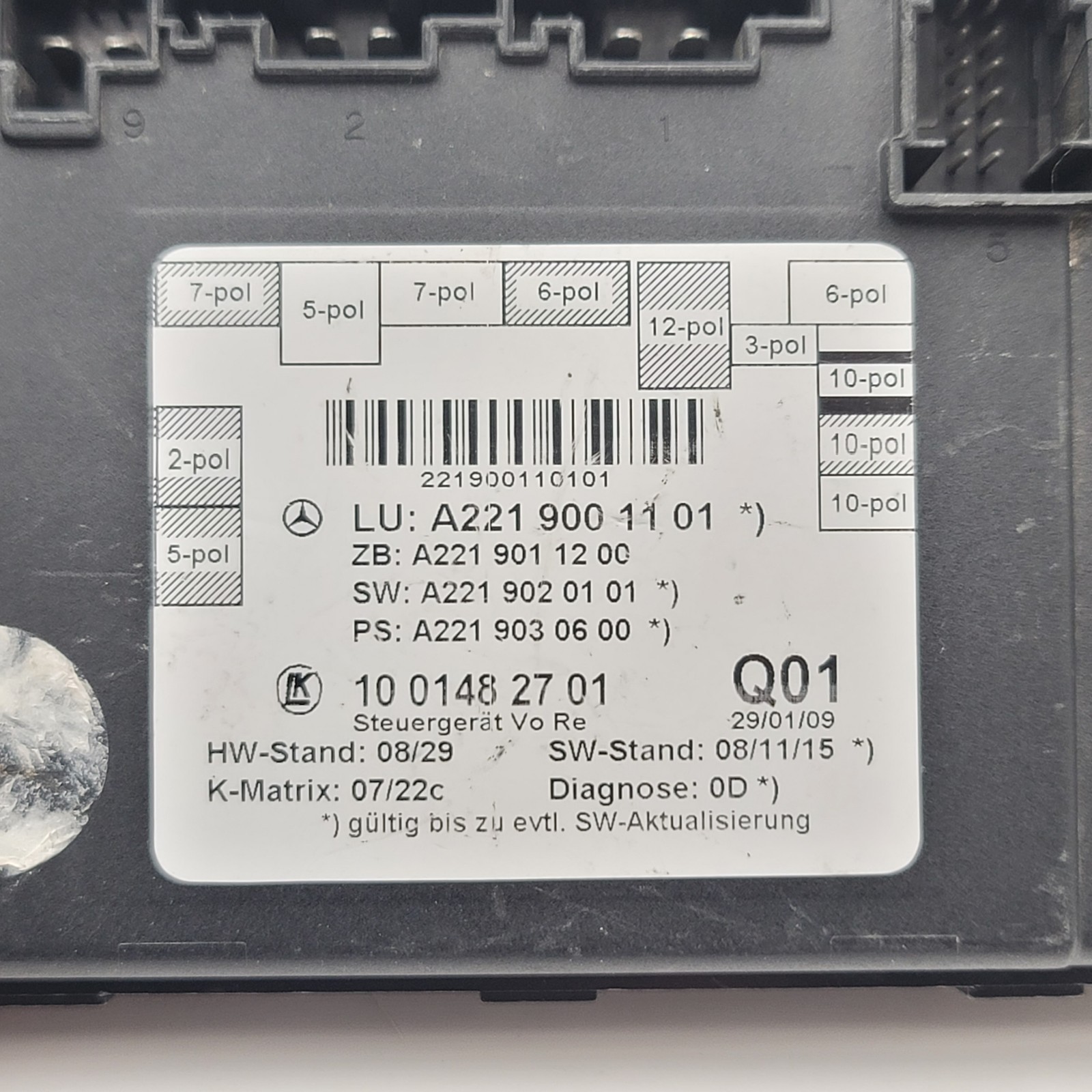 2007 – 2013 Mercedes W221 S400 S550 Rear Side Door Control Unit A2219001101