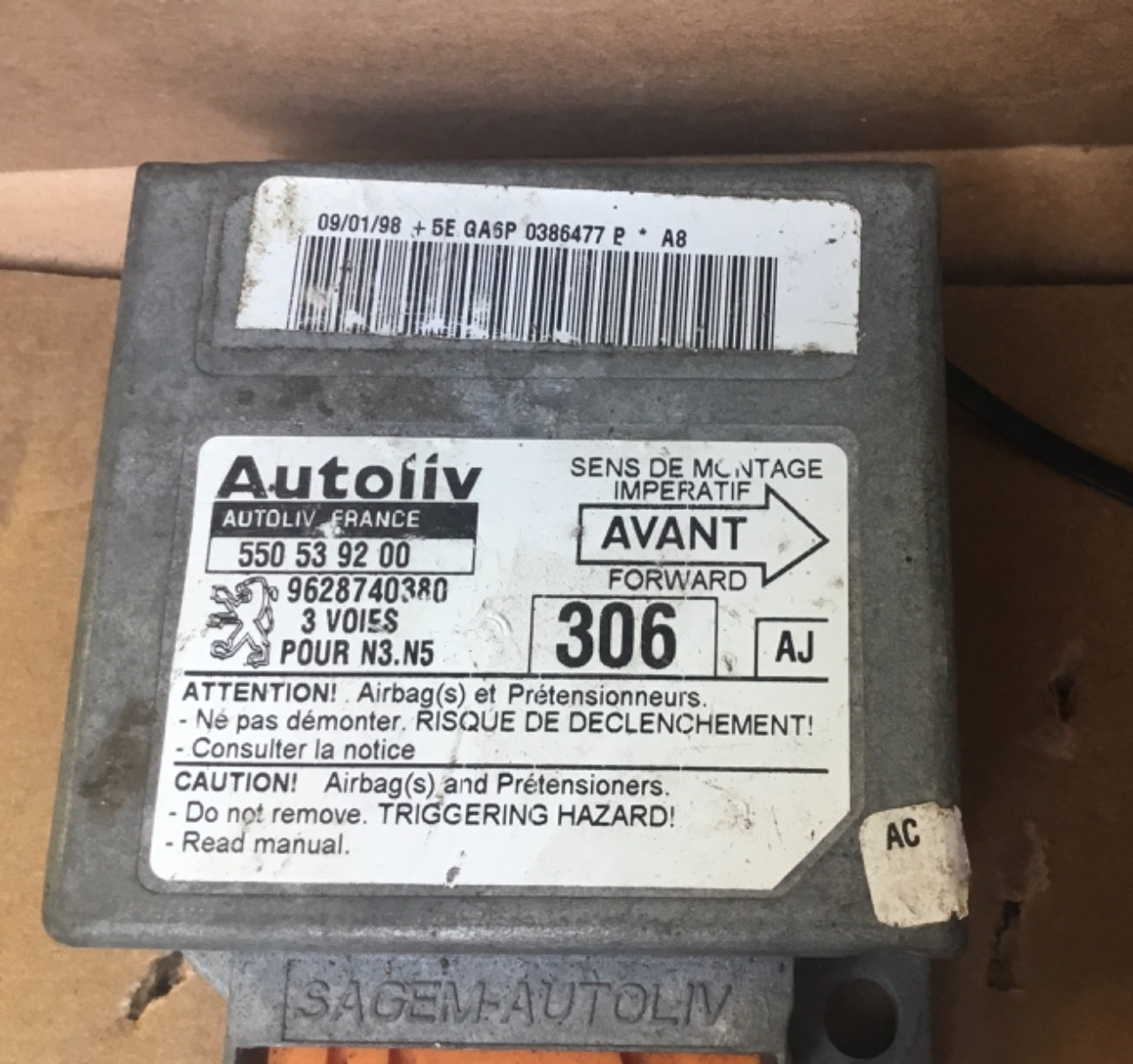 PEUGEOT 306 1996-1999 MK2 SRS ECU MODULE 550539200 AJ