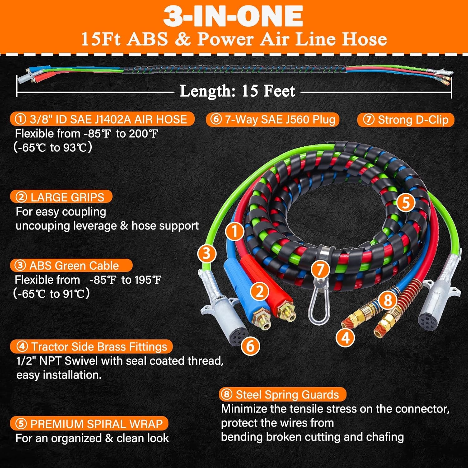 15FT Semi Truck Air Lines Kit 3 in 1 Red & Blue Air Brake Hoses and 7 Way Traile