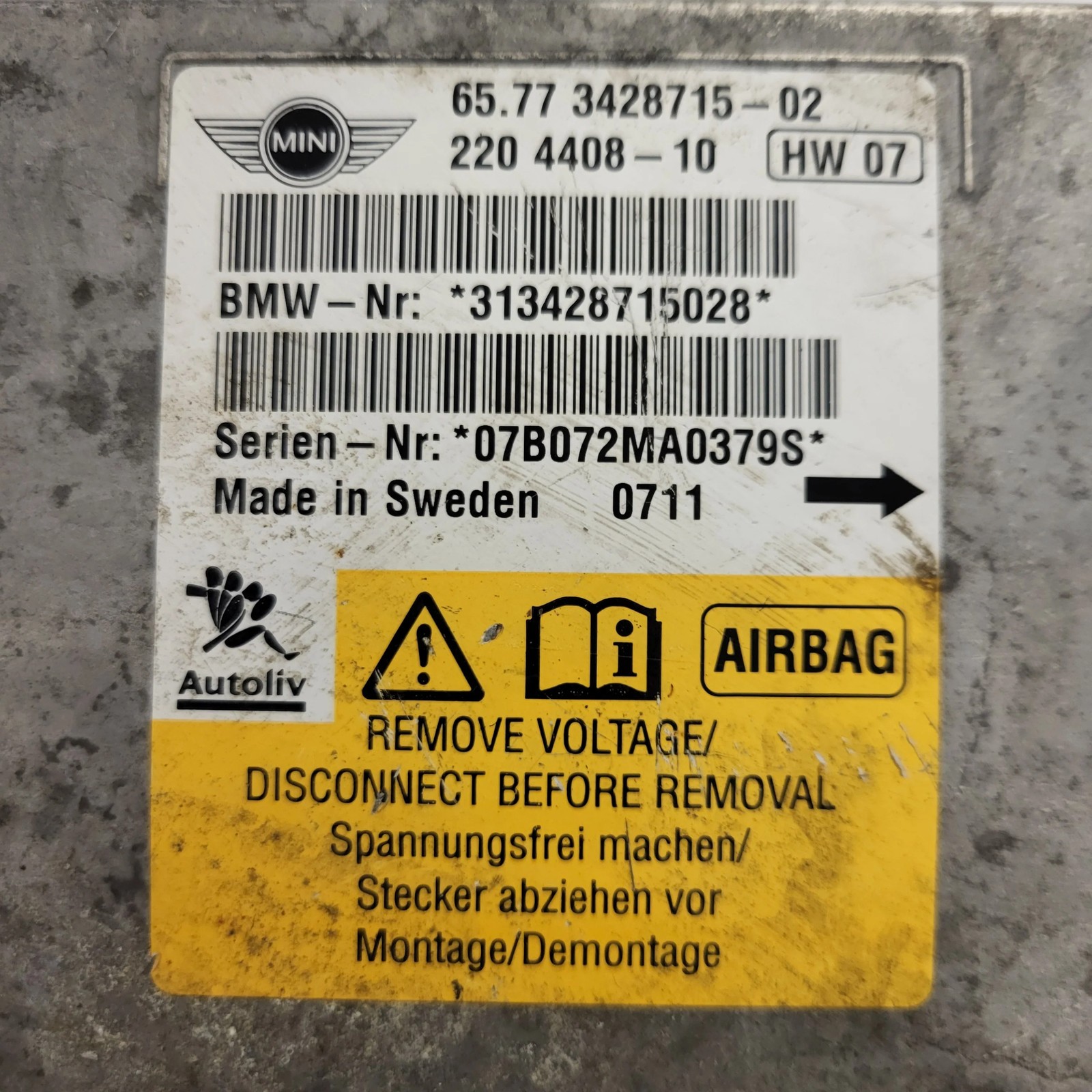 MINI R56 MODULE ECU / 2204408-10 / 3428715-02 / 313428715028 / Autoliv