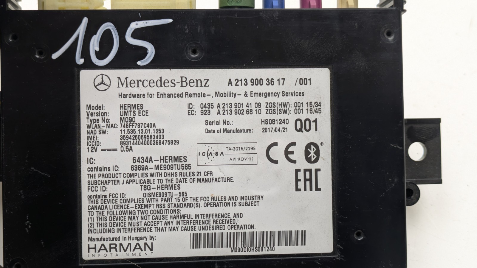 MERCEDES E CLASS W213 BLUETOOTH CONTROL MODULE ECU A2139003617 2017