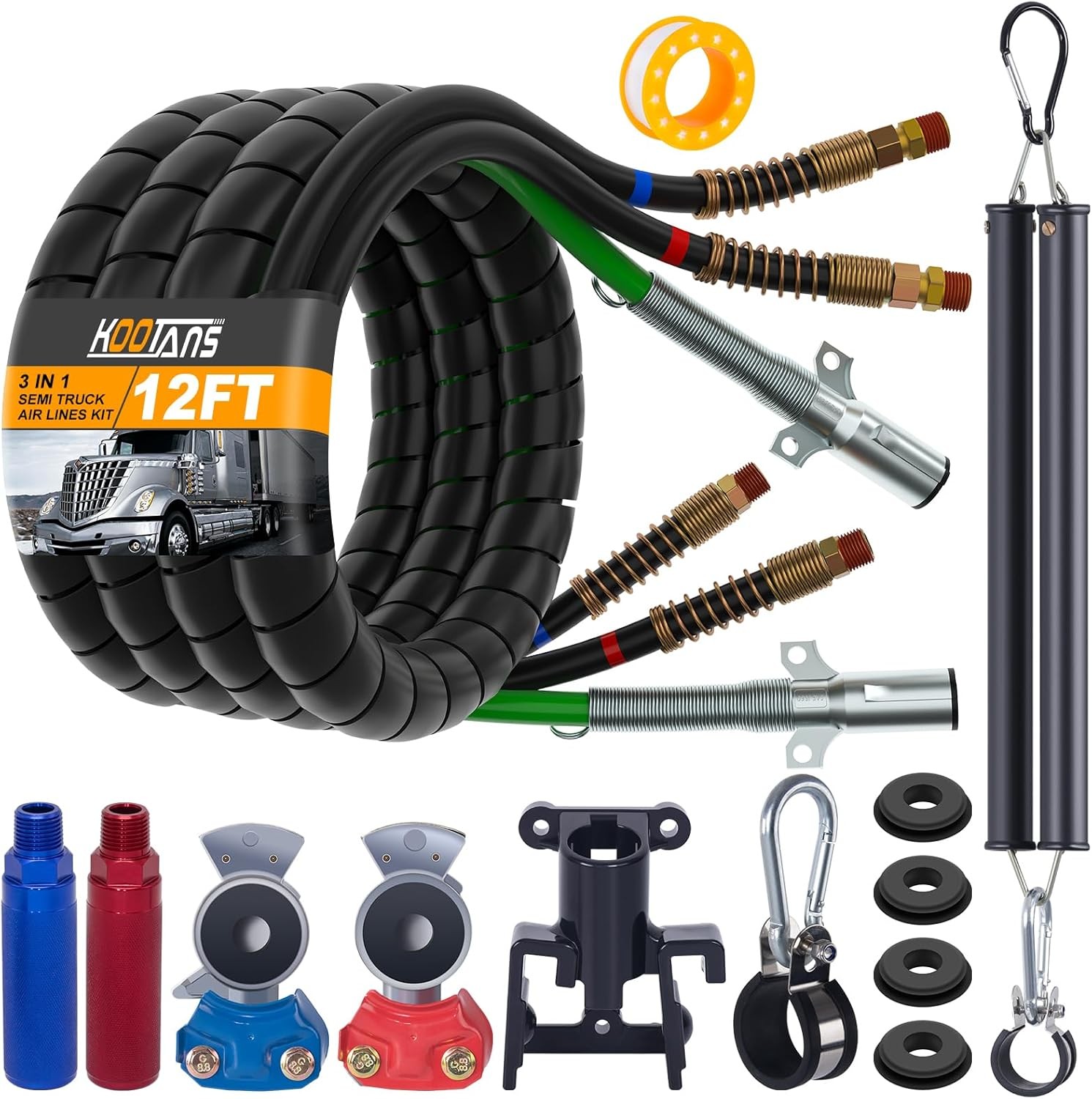 15FT Semi Truck Air Lines Kit 3 in 1 Red & Blue Air Brake Hoses and 7 Way Traile