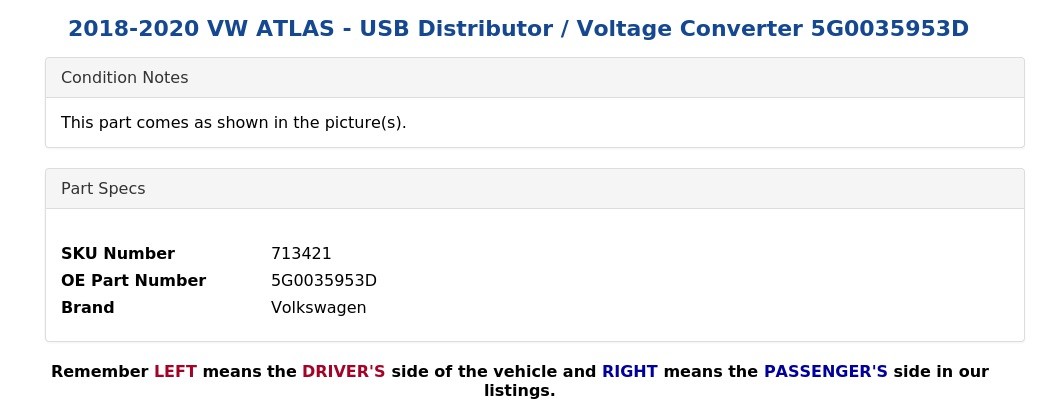 2018-2020 VW ATLAS – USB Distributor / Voltage Converter 5G0035953D