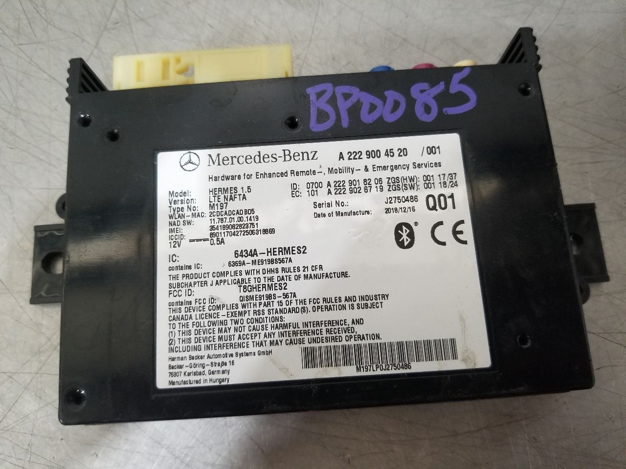 19 2019 MERCEDES CLS450 COMMUNICATION CONTROL MODULE A2229004520