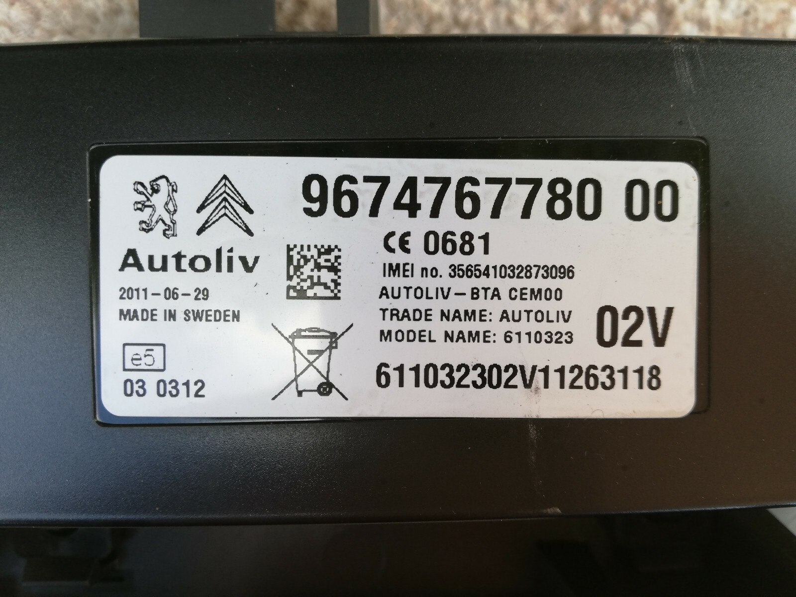 2012 CITROEN DS4 Dsport Thp ECU Bluetooth Autoliv Control Unit Module