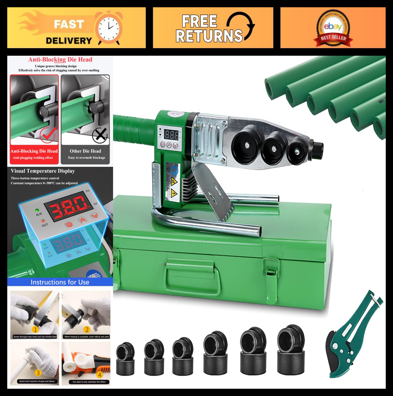 Plastic Pipe Welder 110-220V Welding Tool for PP, PE, PP-R, PVC – Die Head Inclu