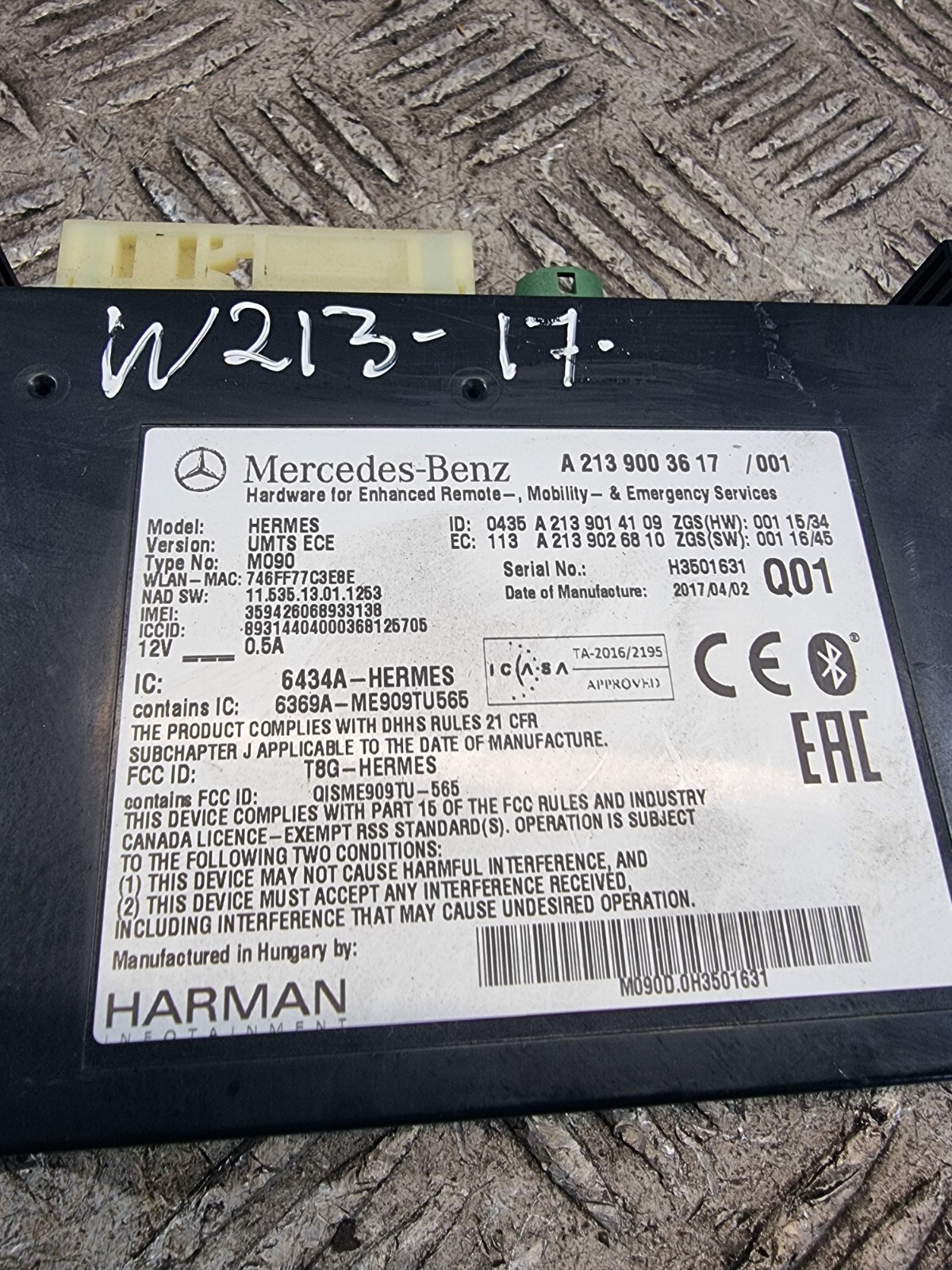MERCEDES E220 BLUETOOTH MODULE A2139003617 2.0L DSL W213 SALOON 2017