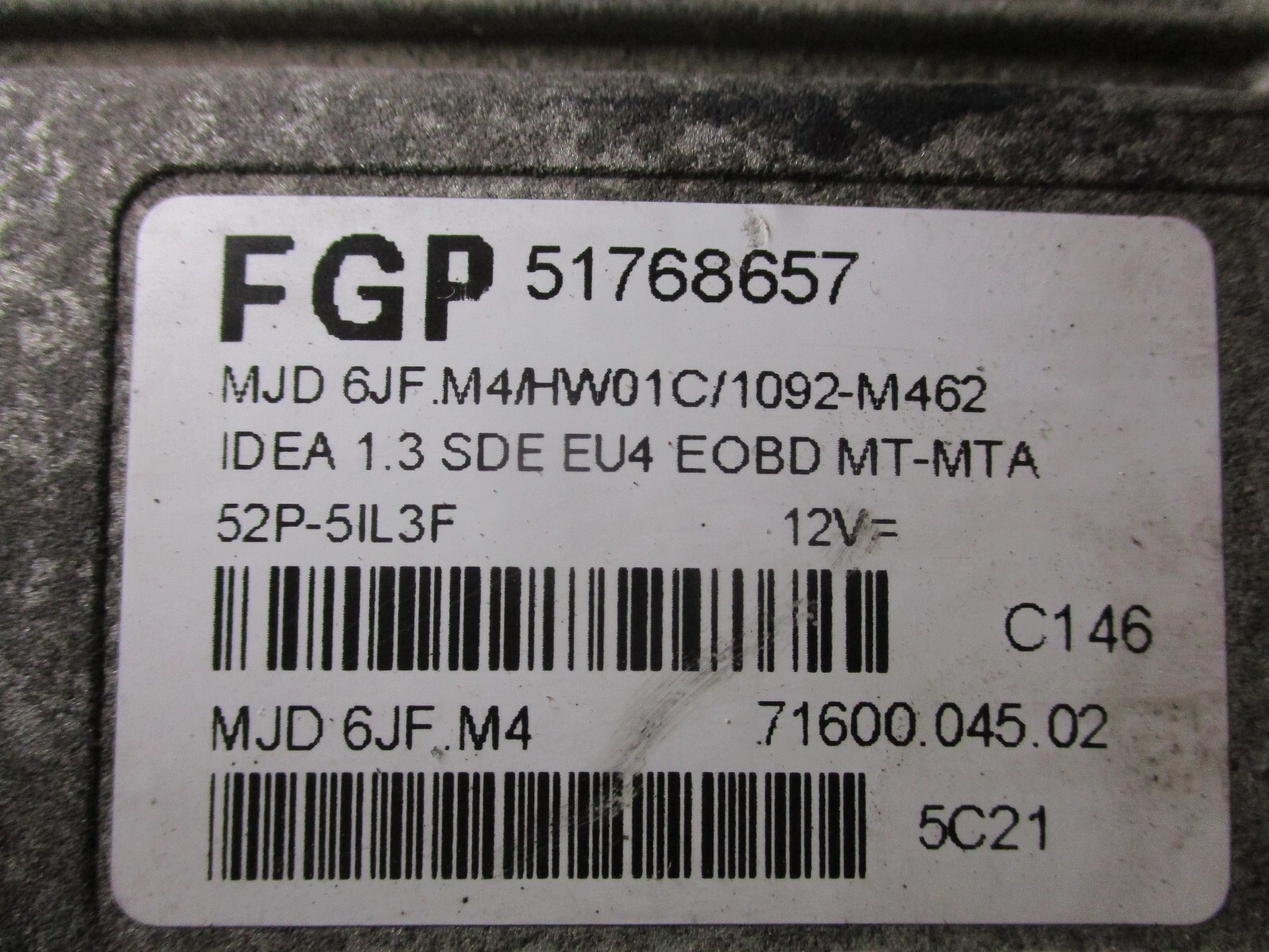51768657 ENGINE INJECTION CONTROL UNIT LANCIA MUSA 1.3 M-JET YEAR 2005 MJD6JFM4