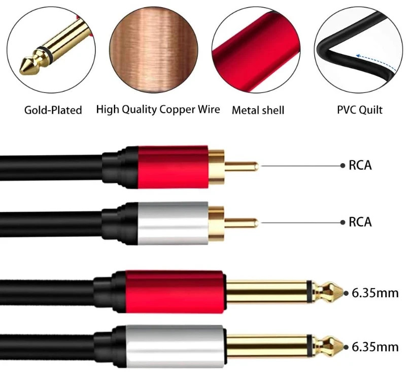 2 x 6.35 mm to 2RCA Cable,Dual 1/4 inch TS Stereo Jack Male to 2 RCA Male Stereo