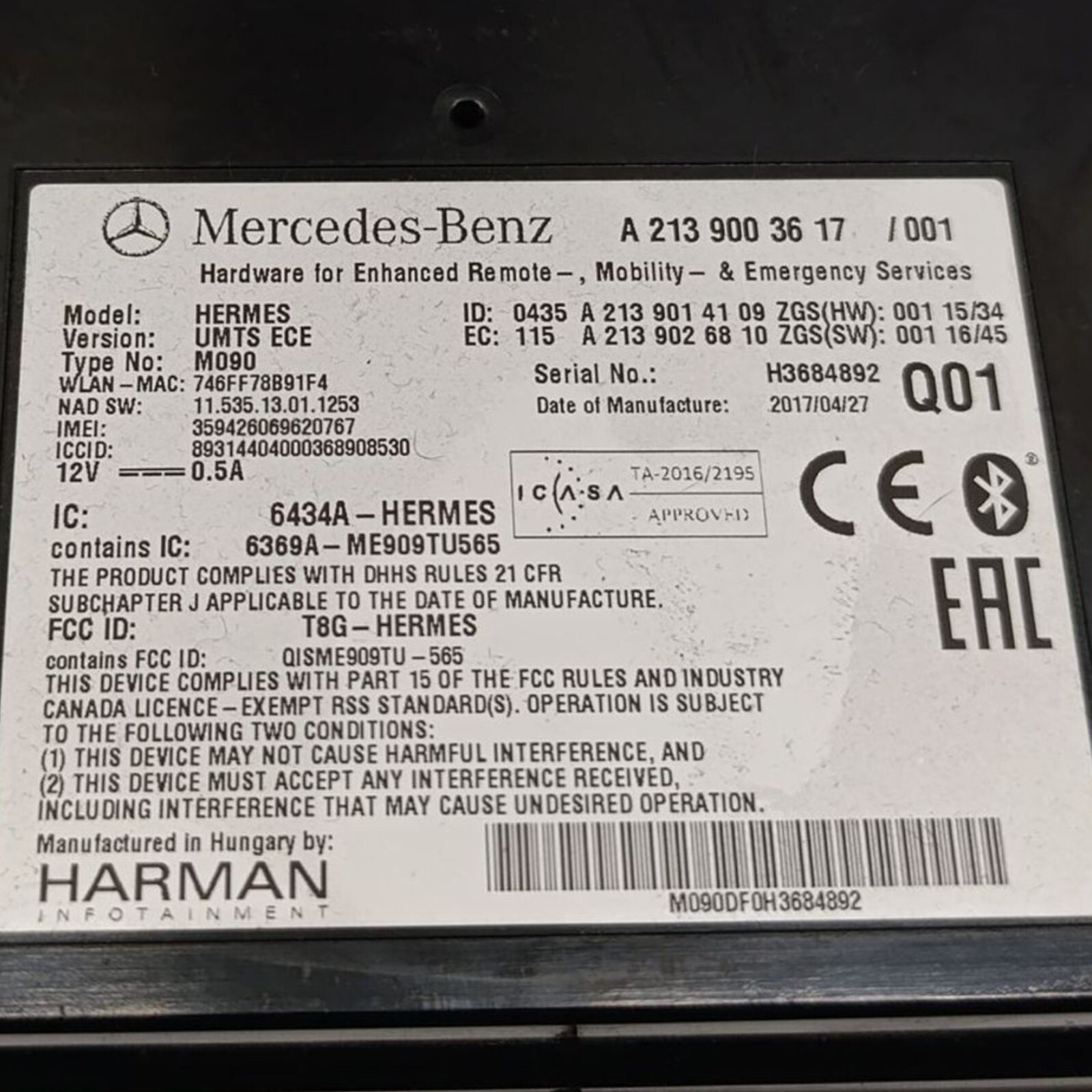 A2139003617 Bluetooth Control Unit Module Mercedes-Benz E W213 2017